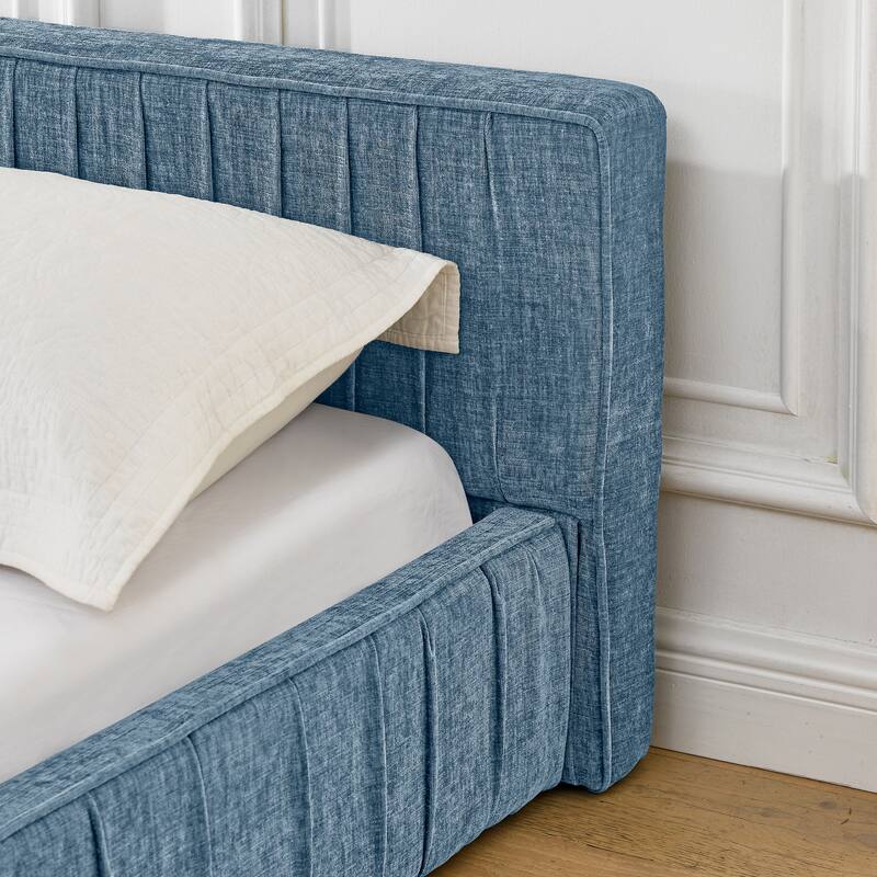 Queen Size Upholstered Platform Bed with Headboard, Blue Chenille Fabric, No Box Spring Needed