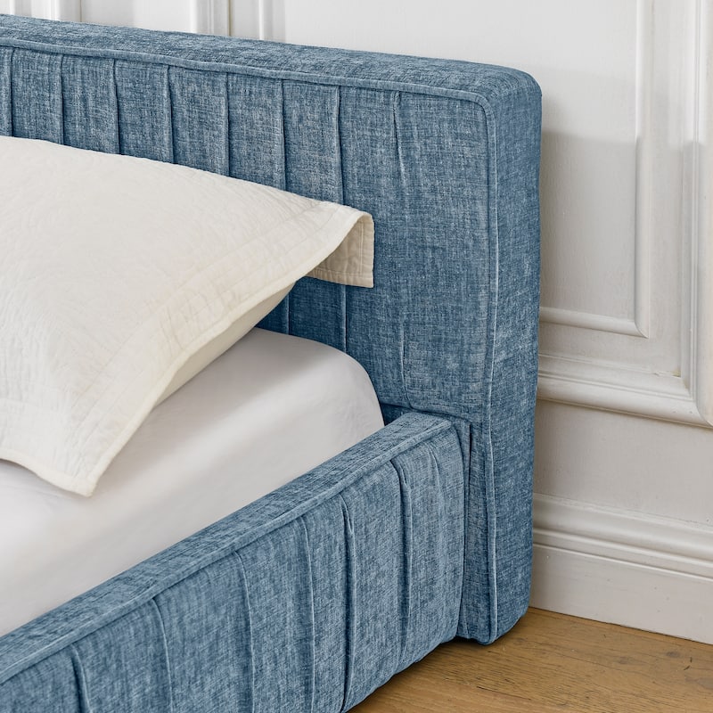 Queen Upholstered Platform Bed - Chenille Fabric Bed Frame with Pleated Headboard, No Box Spring Needed - Modern Bedroom Design