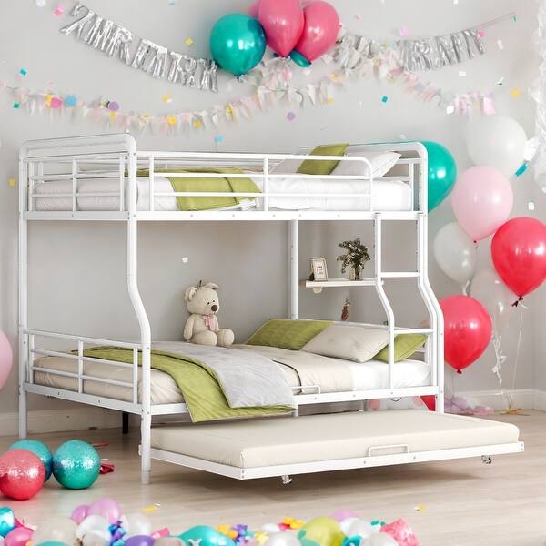slide 2 of 26, Full XL Over Queen Metal Bunk Bed with 2 Size Trundle Under Bed,Space-saving,Including Full Length Gridded Guardrails White