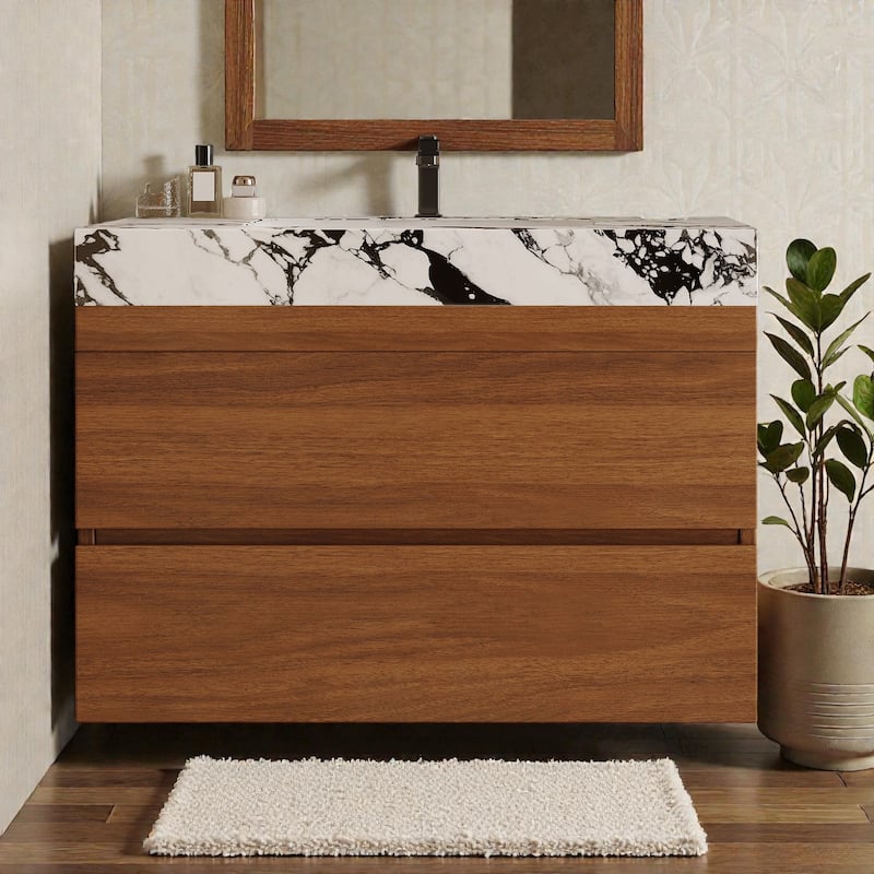 29.9" Floating Bathroom Vanity with Faux Marble Top, Ceramic Undermount Sink, Soft-Close Drawers for Modern Small Bathrooms - Brown Black