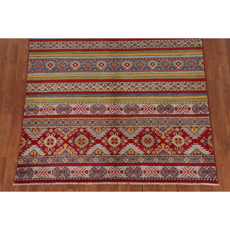 Striped Kazak Oriental Area Rug Hand-Knotted Wool Carpet - 4'10" x 6'6"