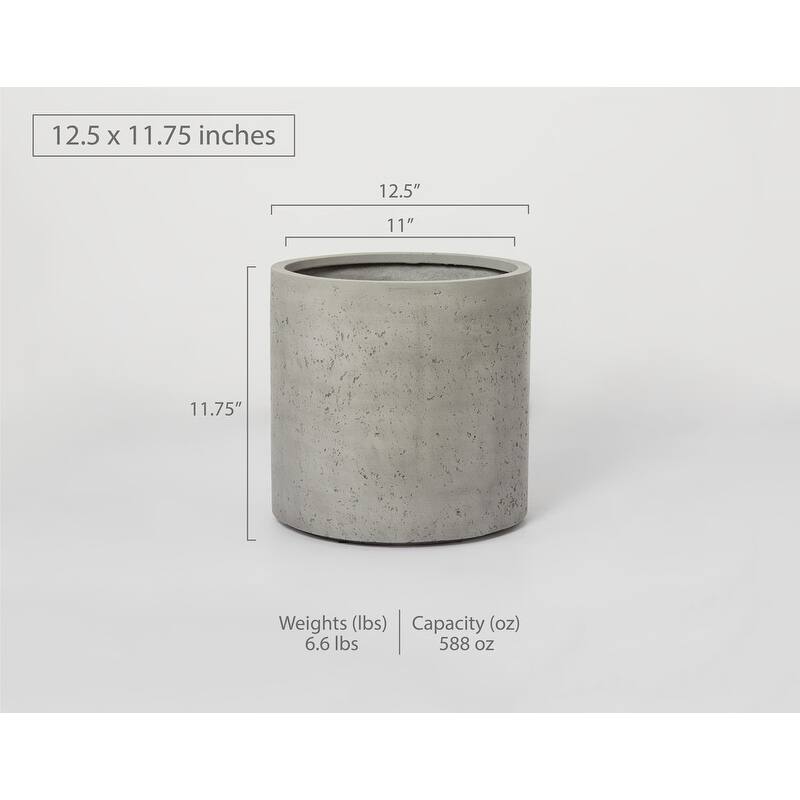Indoor/Outdoor Large Nordic Minimalist Fiberstone Lightweight Round Cylinder Planter Pot -19,15,12inch Cement Finish - 11.75 In. H x 12.5 In. W x 12.5 In. L - Light Grey