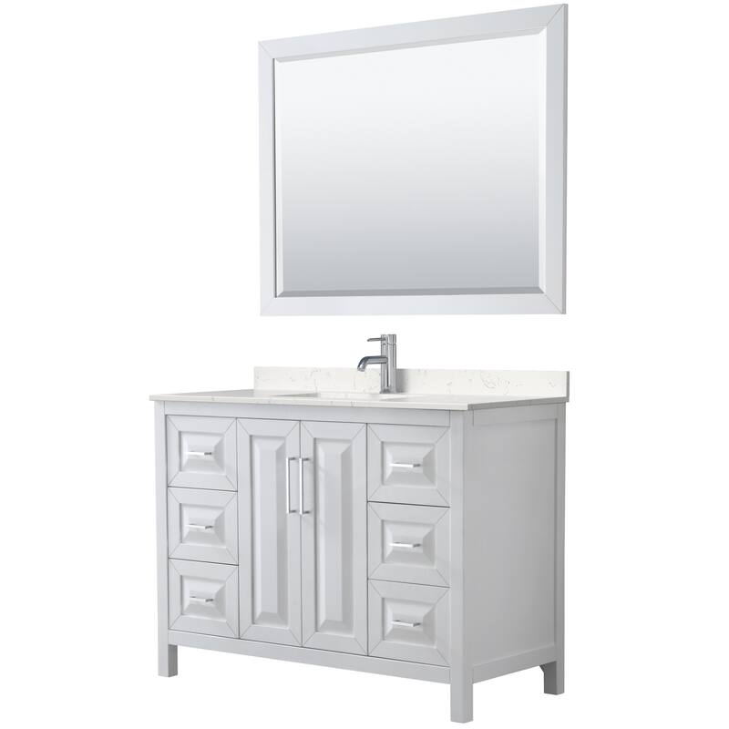 Daria 48 Inch Single Vanity, Cultured Marble Top, 46 Inch Mirror - White, Chrome Trim, Carrara Cultured Marble Top
