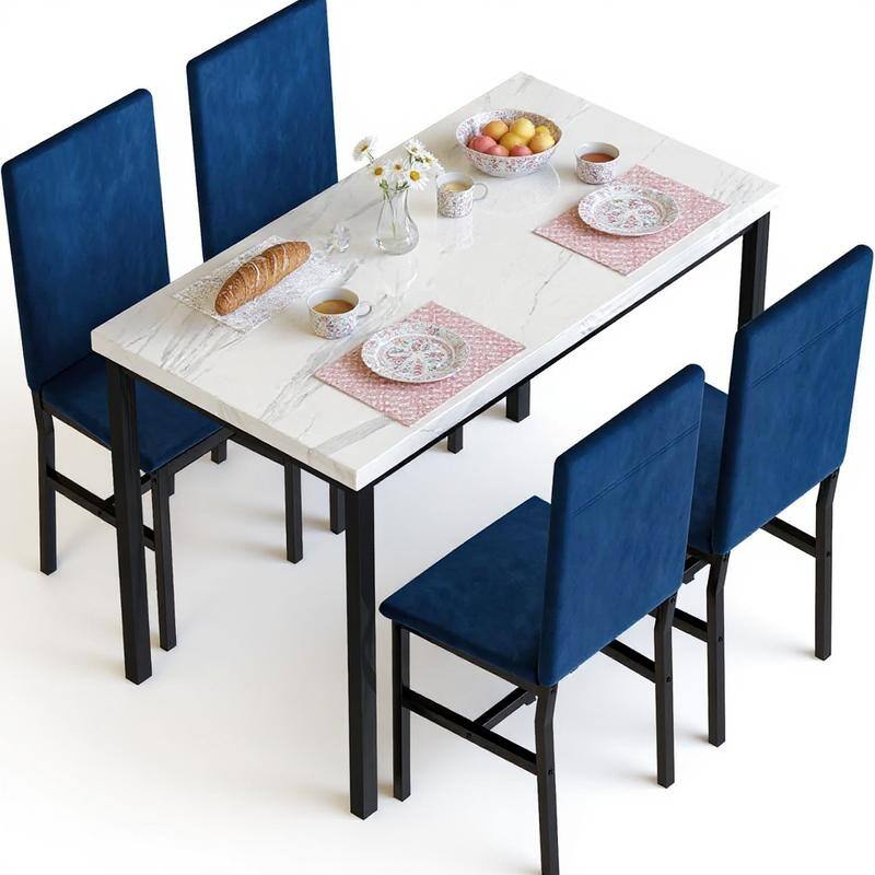 Grondin Modern Style Faux Marble Top 5-Piece Casual Dining Room Table Set with 4 Velvet Upholstered Dining Chairs
