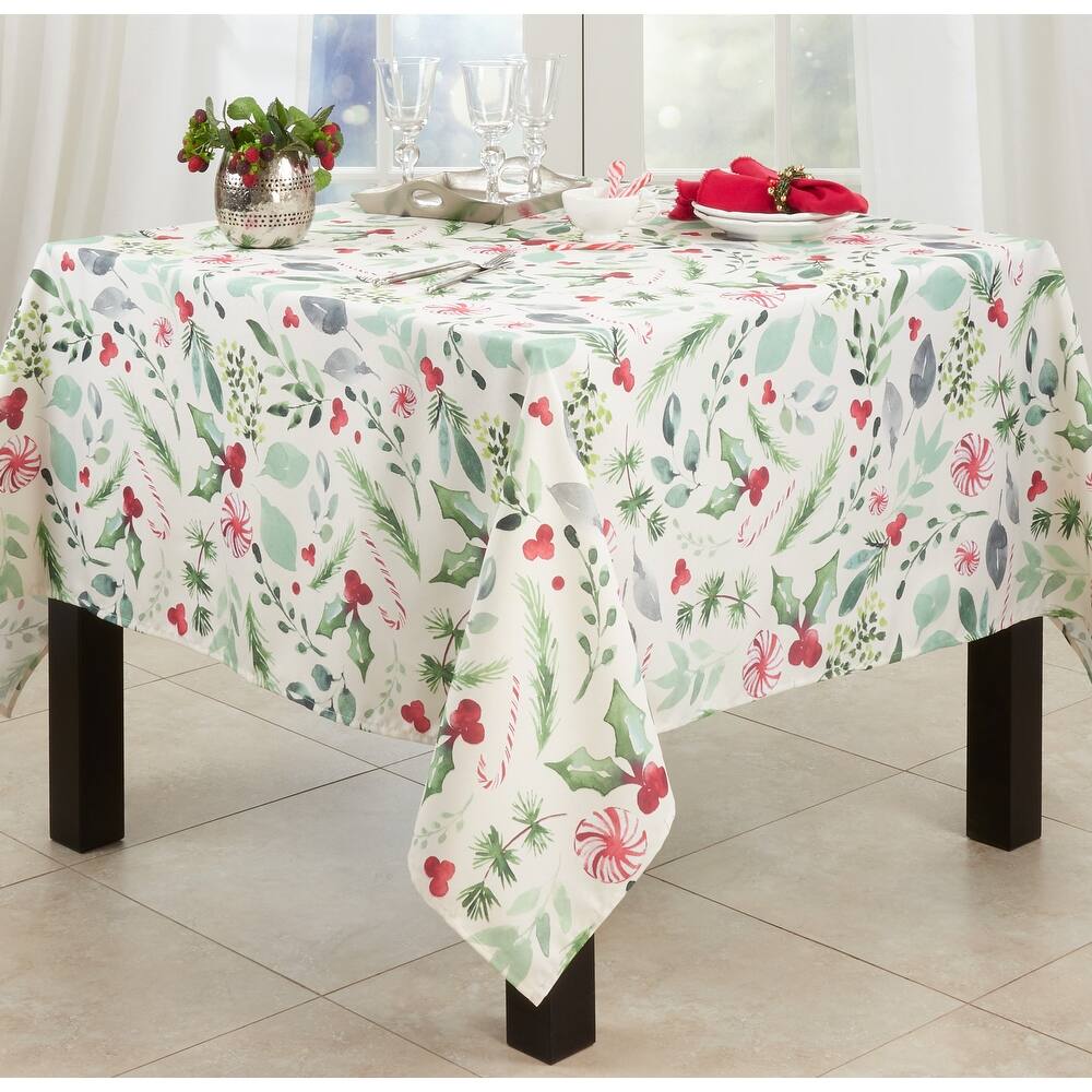Candy Cane Tablecloth With Christmas Foliage Design