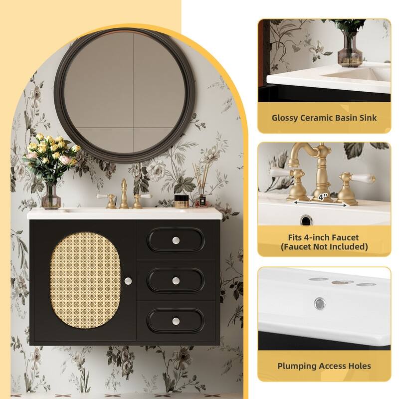 30" Bathroom Vanity with Ceramic Sink, 2 Drawers, Large Storage Space