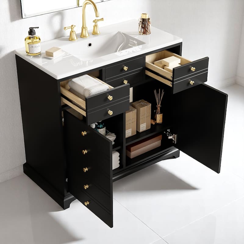 36 Inch Bathroom Vanity with White Ceramic Basin, 2 Soft-Close Drawers and Doors, Freestanding Storage Cabinet