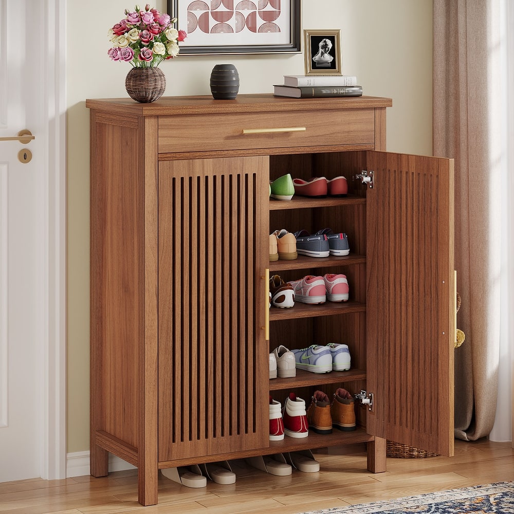 Shoe Storage Cabinet with Louvered Doors & Drawer, Wooden Shoe Rack for Closet, Entryway