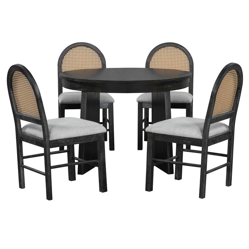 5-Piece Round Dining Set with 4 Upholstered Chairs and Extendable Table for Family Meals and Gatherings