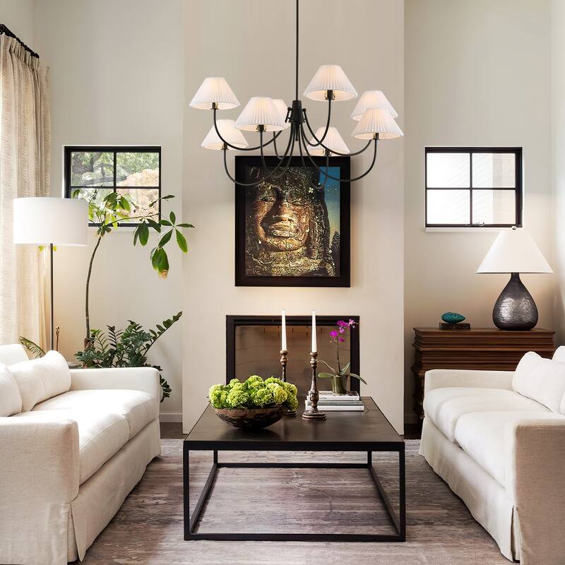 8/5-Light Mid-Century Modern Gold/Black Chandelier with Pleated Fabric Lampshades Hanging Light for Living Room, Dining Room
