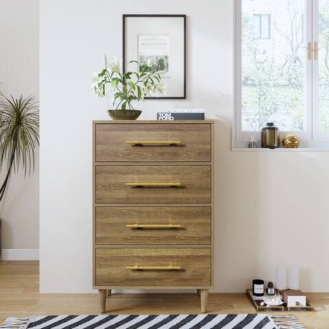 Natural Walnut 4-Drawer Chest with Golden Handles