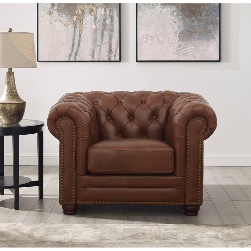 Hydeline Aliso Top Grain Leather Chesterfield Chair with Memory Foam and Springs - Pecan Brown