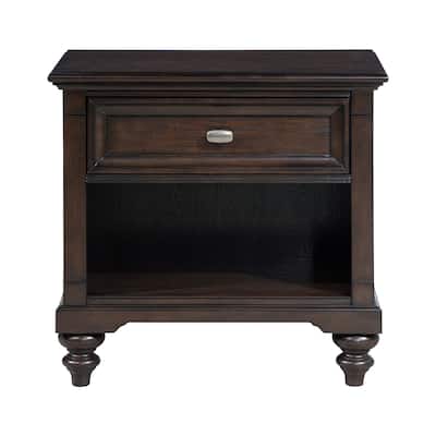1 Drawer Wooden Nightstand with Gunmetal Hardware in Dark Oak