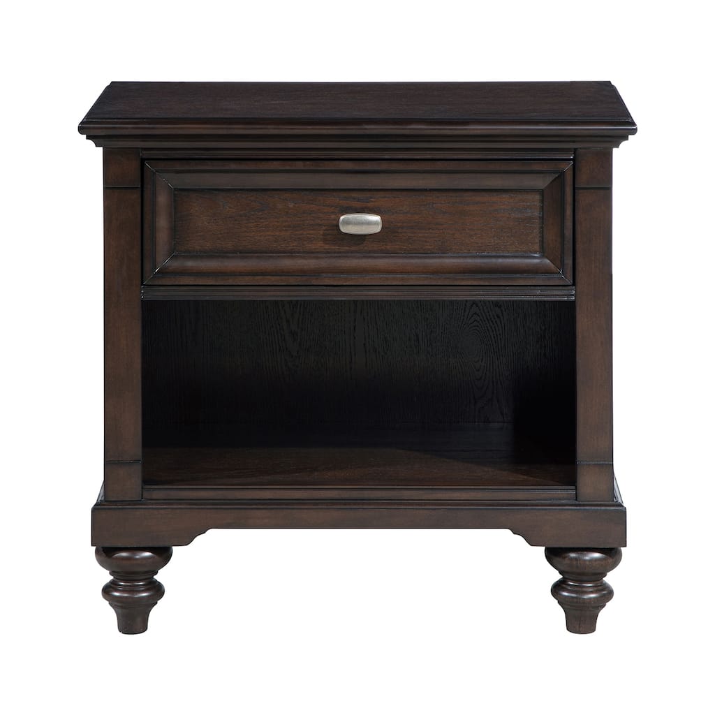 1 Drawer Wooden Nightstand with Gunmetal Hardware in Dark Oak