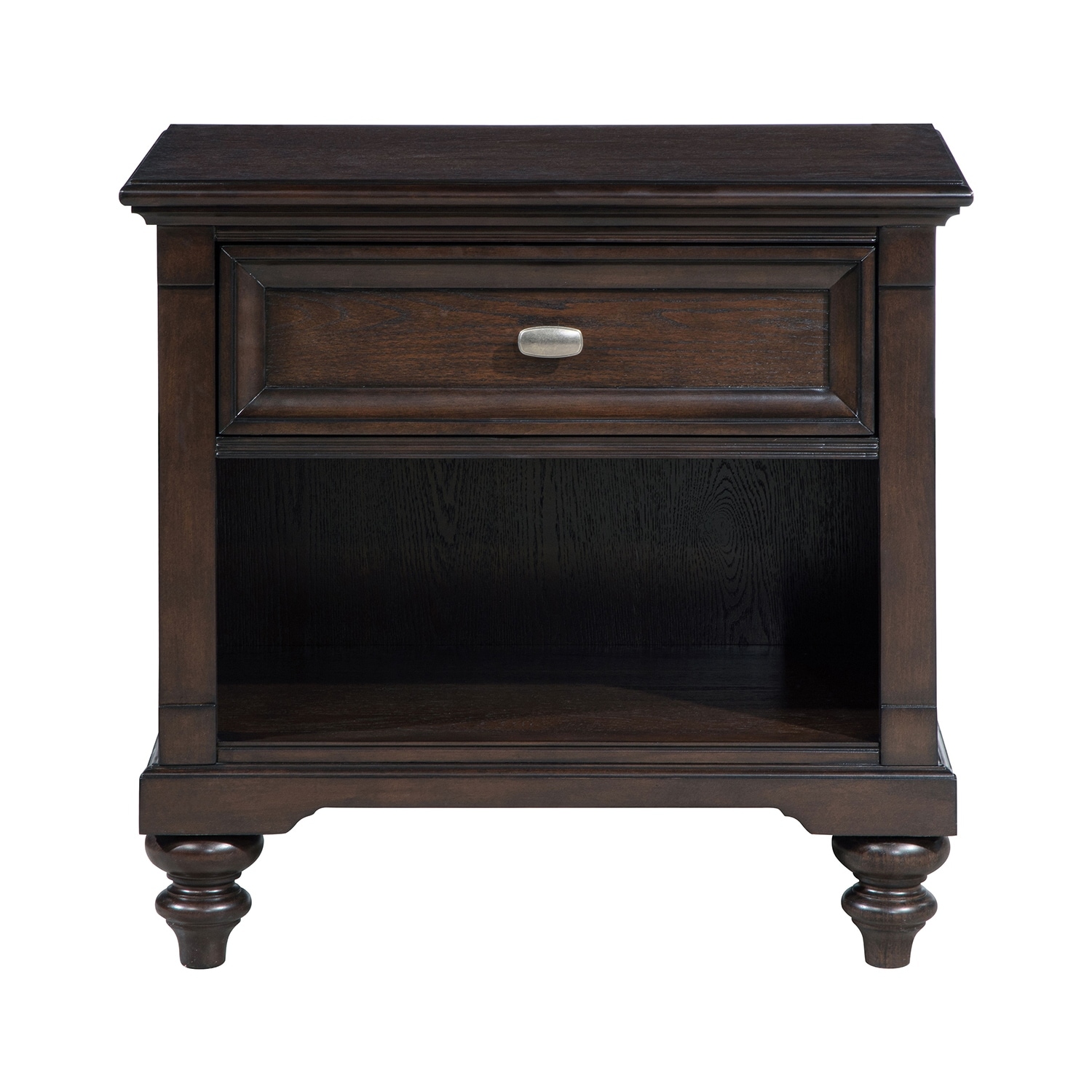 1 Drawer Wooden Nightstand with Gunmetal Hardware in Dark Oak