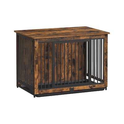 Rustic Brown Dog Crate Furniture with Dual Doors and Pull-Out Tray for Medium Dogs - 38.6”L x 25.6”W x 27.6”H (98 x 65 x 70 cm)