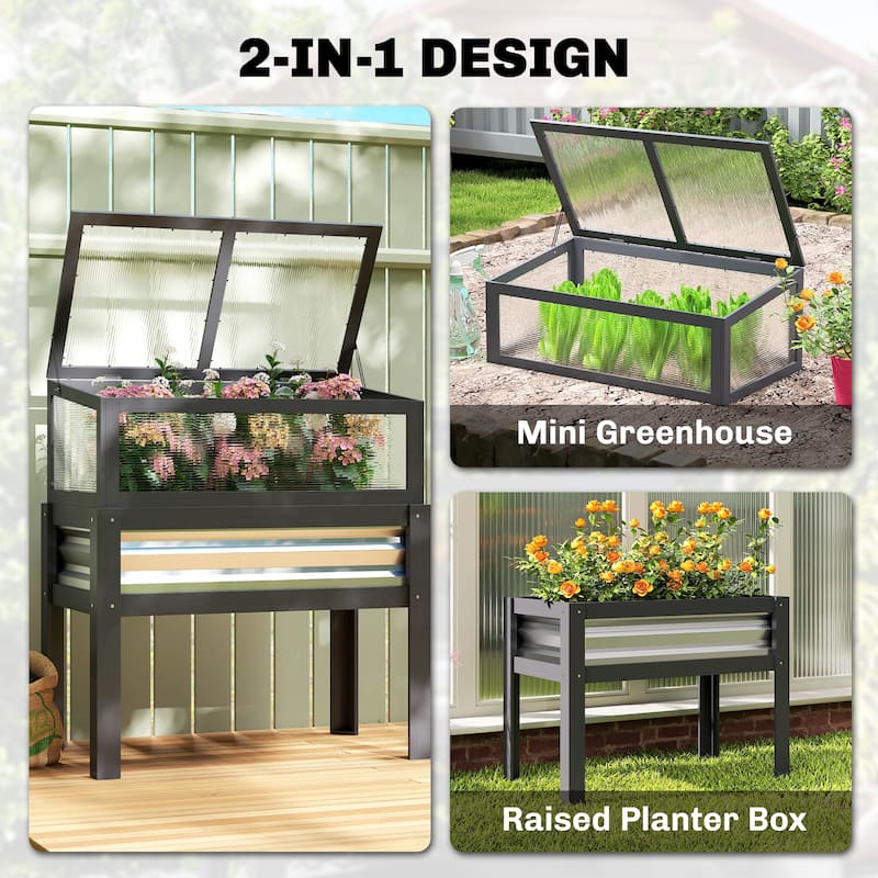 Outsunny Wooden Raised Garden Bed with Flip-Up Greenhouse Top, Raised Garden Bed with Legs and Bed Liner