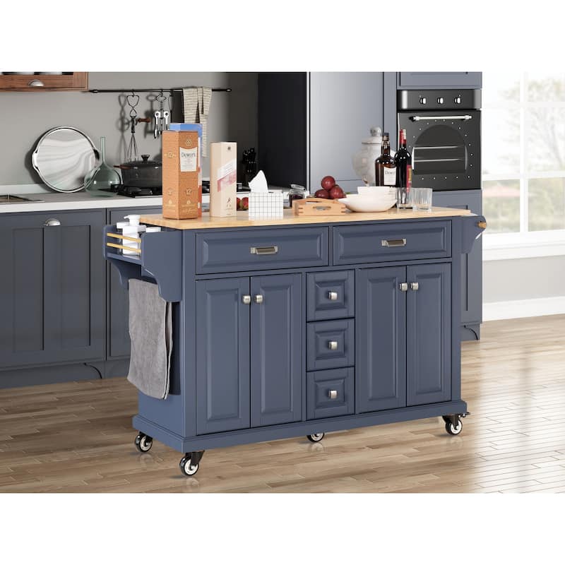 Cambridge Natural Wood Top Kitchen Island with Storage and Casters - Blue