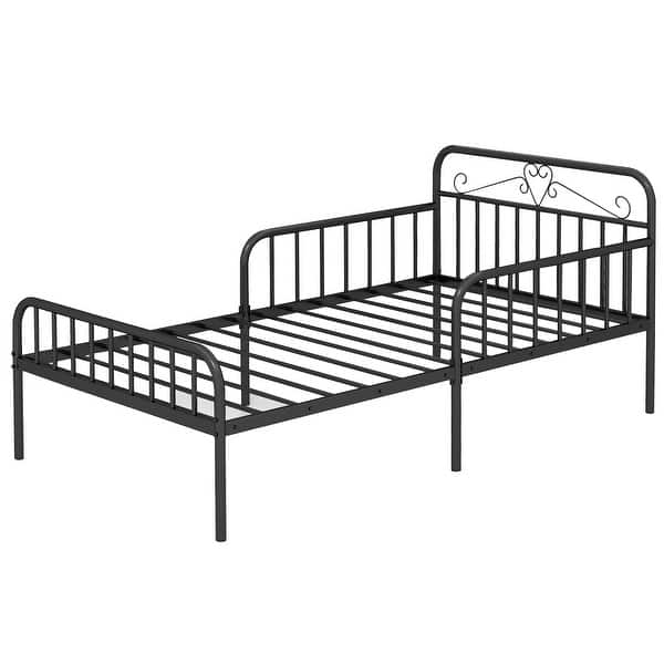 slide 2 of 27, Twin Size Bed Frame with Headboard and Safety Side Guardrails-Black Black