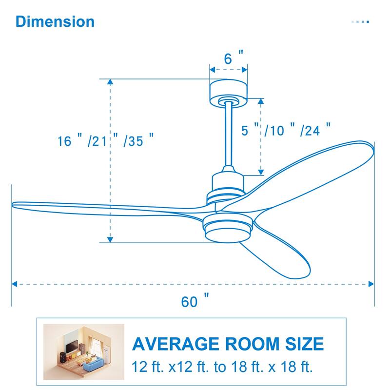 60" Wood Ceiling Fan with LED Light and Remote Control, Reverse Functions - 60 Inch