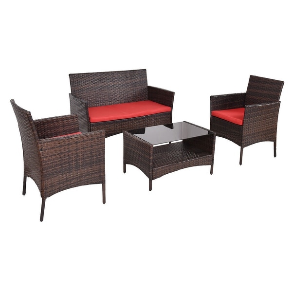 Costway 4 PCS Outdoor Patio Rattan Furniture Set Table Shelf Sofa W/ Red Cushions