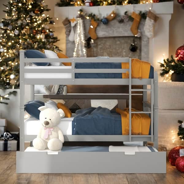 slide 2 of 37, Modren Full over Full Bunk Bed with Twin Size Trundle and Ladder For Bedroom,Kids Grey