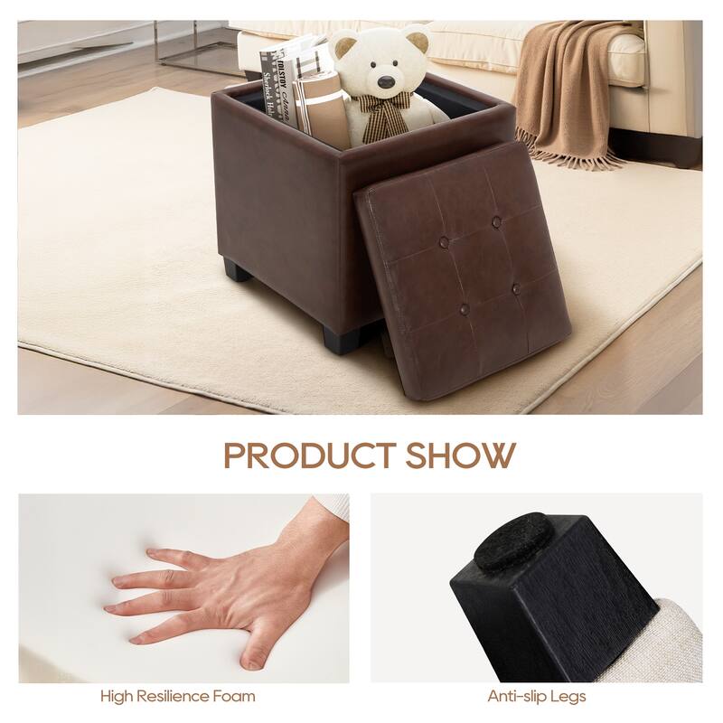 ​18" Square Storage Ottoman with Tray - 250LBS Weight Capacity, Leather Upholstered Footstool for Living Room