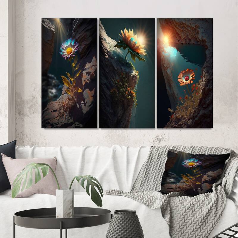 Designart "Fierce Blue Mountain Flower Captures Sunshine" Flowers Blue - Gallery Set Of 3 For Office Decor