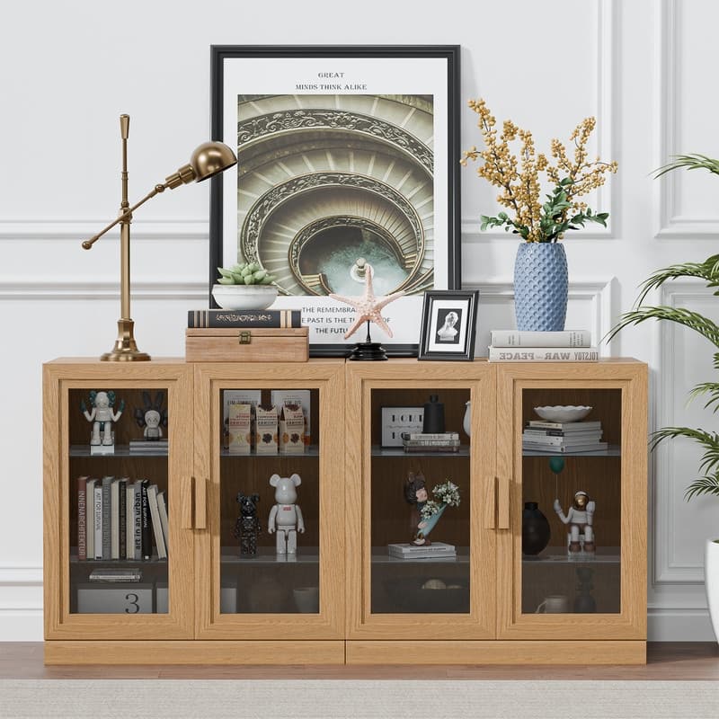 Large Sideboard Buffet Cabinet with 4 Glass Doors 2 Adjustable Shelves for Kitchen Living/Dinning Room Bedroom Entryway - Natural - 62 in.W x 31 in.H