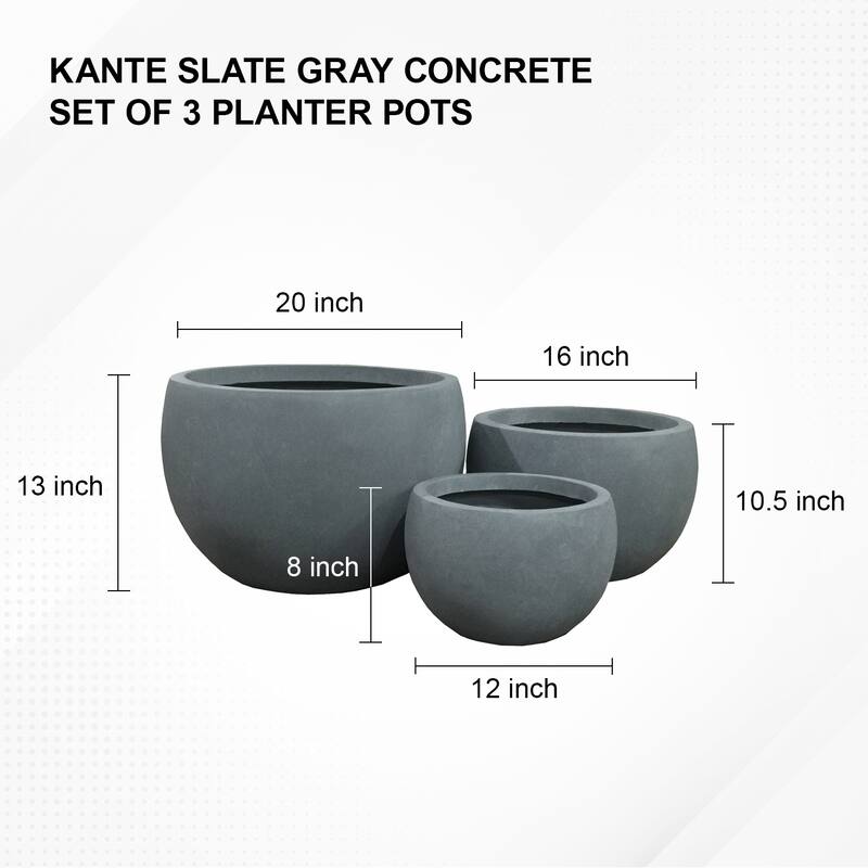 Kante Lightweight Concrete Outdoor Round Planter, Set of 3, 13", 10.5" and 8" Tall, Slate Gray