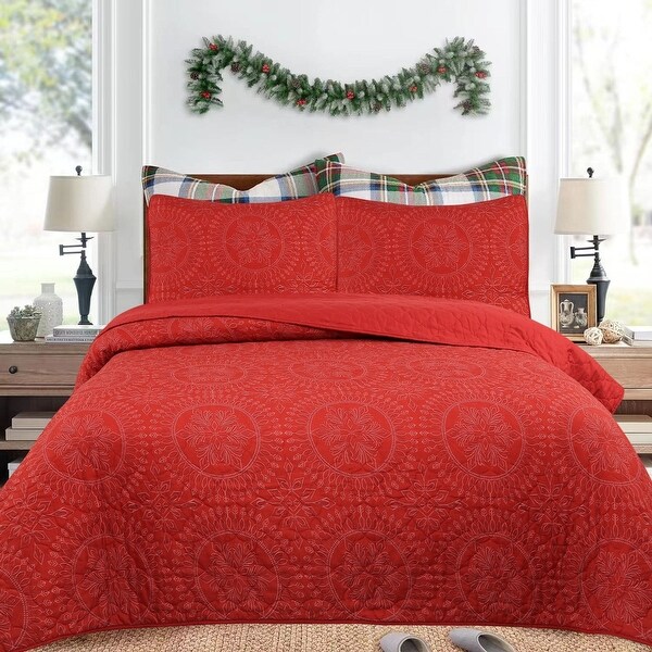 3 Pcs Red Christmas Quilt Bedspread Set Medallion On Sale Bed Bath Beyond 41270459