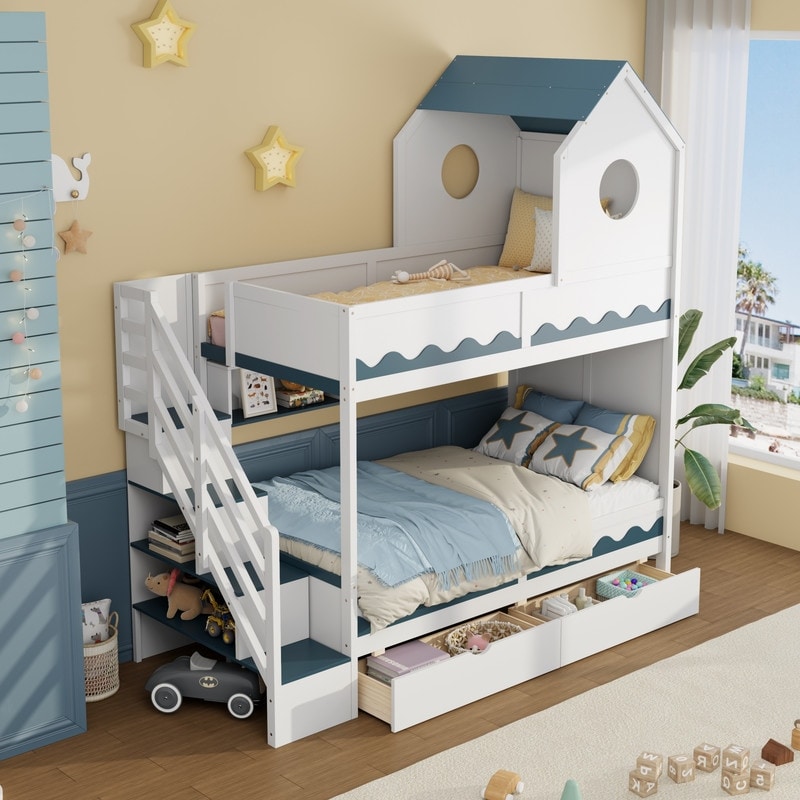 Twin over Twin Bunk Bed with House Design, Kids Bed Frame with Drawers, Storage Staircase, Bookshelf & LED Light Strip