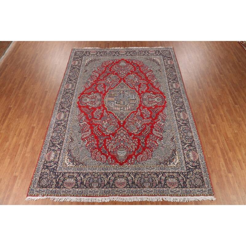 Pictorial Red Floral Kashan Turkish Rug Medallion Machine Made Carpet - 9'7" x 13'0"