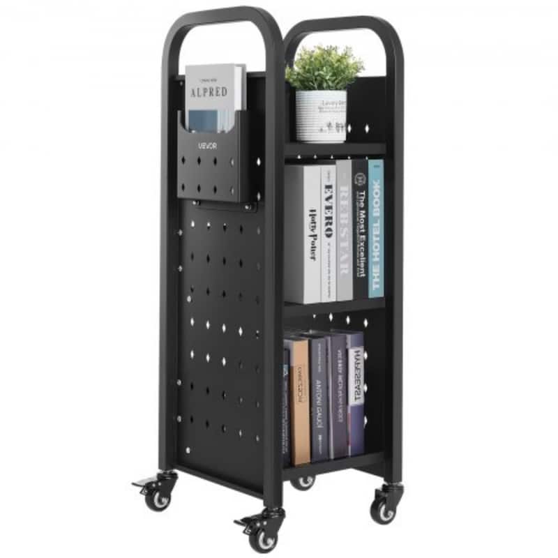 Black Heavy Duty Steel Rolling Book Cart with High Shelves and Side Compartments Silent Wheels - Design-2