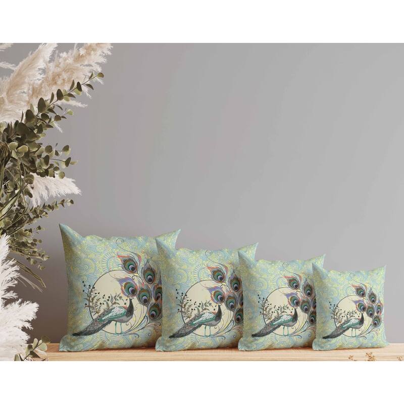 Paisley Peacock Dreams Indoor/Outdoor Reversible Throw Pillow Skyblue and Yellow