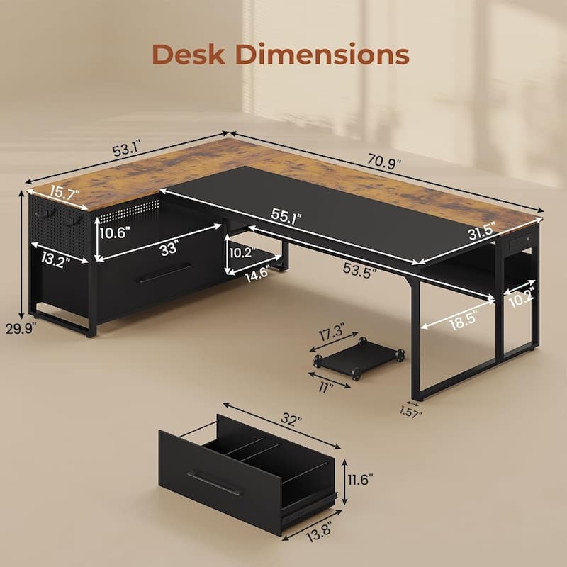 Executive Desk L Shaped Desk File Drawers Power Outlets Computer Desk