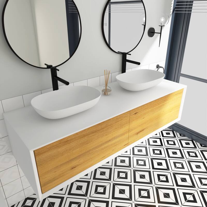 Wall Mounted Bathroom Vanity Set with White Solid Surface Top and Vessel Sink