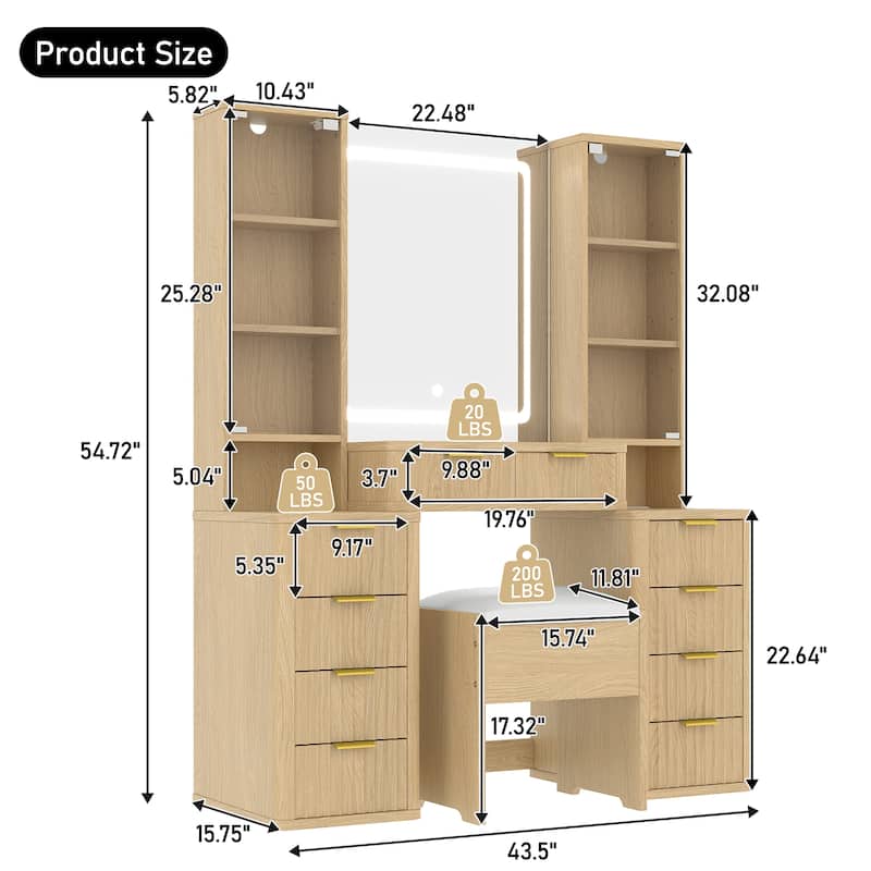 43.5" Fluted Makeup Vanity Desk with LED Mirror, Dressing Table Set with Stool, 10 Drawers & Charging Station