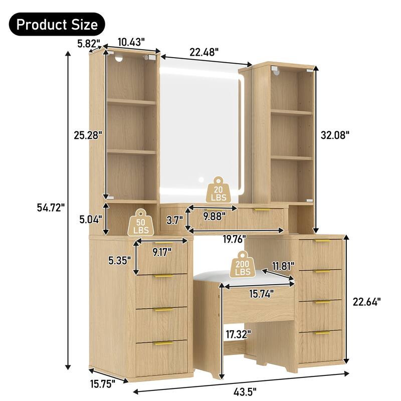 Roomfitters 43.5" Makeup Vanity with LED Lighted Mirror, Fluted Ribbed Drawers, Charging Station, 9 Drawers and Stool, Oak