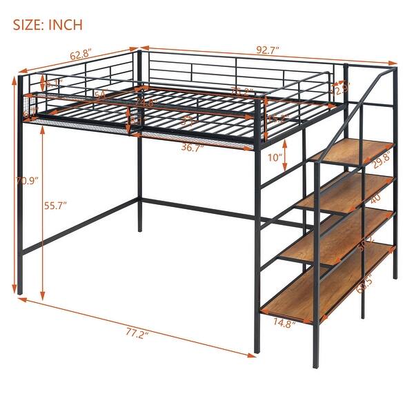 dimension image slide 2 of 4, Metal Loft Bed with Grid Storage Guardrail and 4-layers Lateral Storage Shelf Ladder - Loft Metal Bed for Bedroom Teens Student