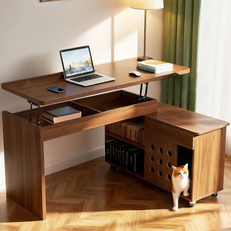 Adjustable L-Shaped Executive Desk, Wood Corner Computer Desk Gaming Desk with Storage Cabinet, Writing Desk for Home Office