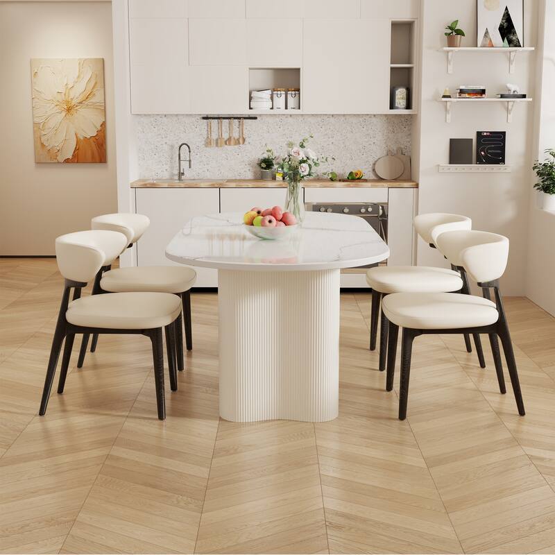 71" Glossy White Sintered Stone Dining Table, Double Round Legs, Oval Kitchen Table for 6 Persons