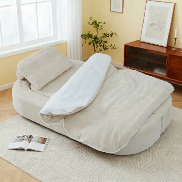 Modern Convertible Floor Sofa Bed with Corduroy Cushion, 2 Pillows & No Assembly - Beige + Corduroy