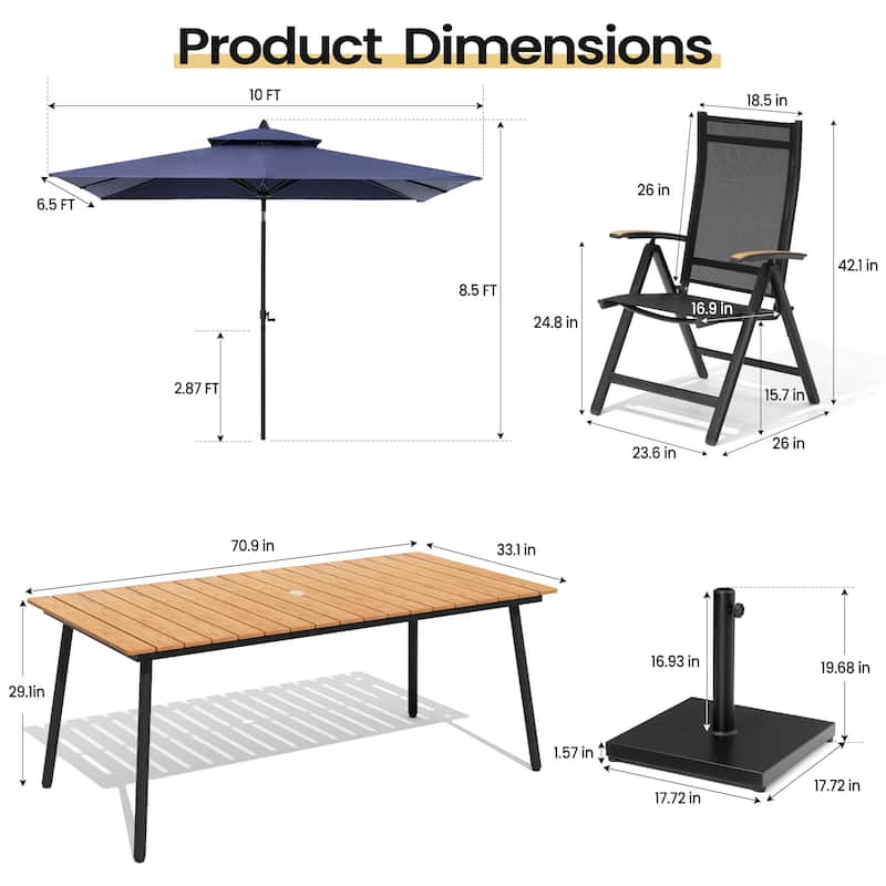 9PC Outdoor Patio Dining Set Wood-Like Aluminum Umbrella Hole Table with Folding Chairs,Double Top Market Umbrella and Base