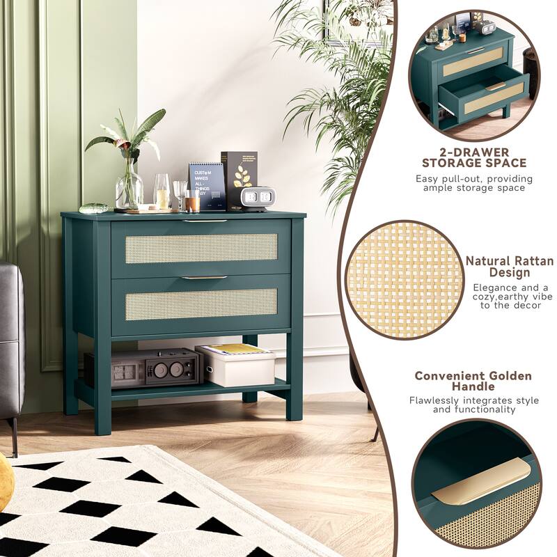 Rattan Nightstand with 2 Drawers and Storage Shelf Boho Bedside Narrow Side Table for Bedroom