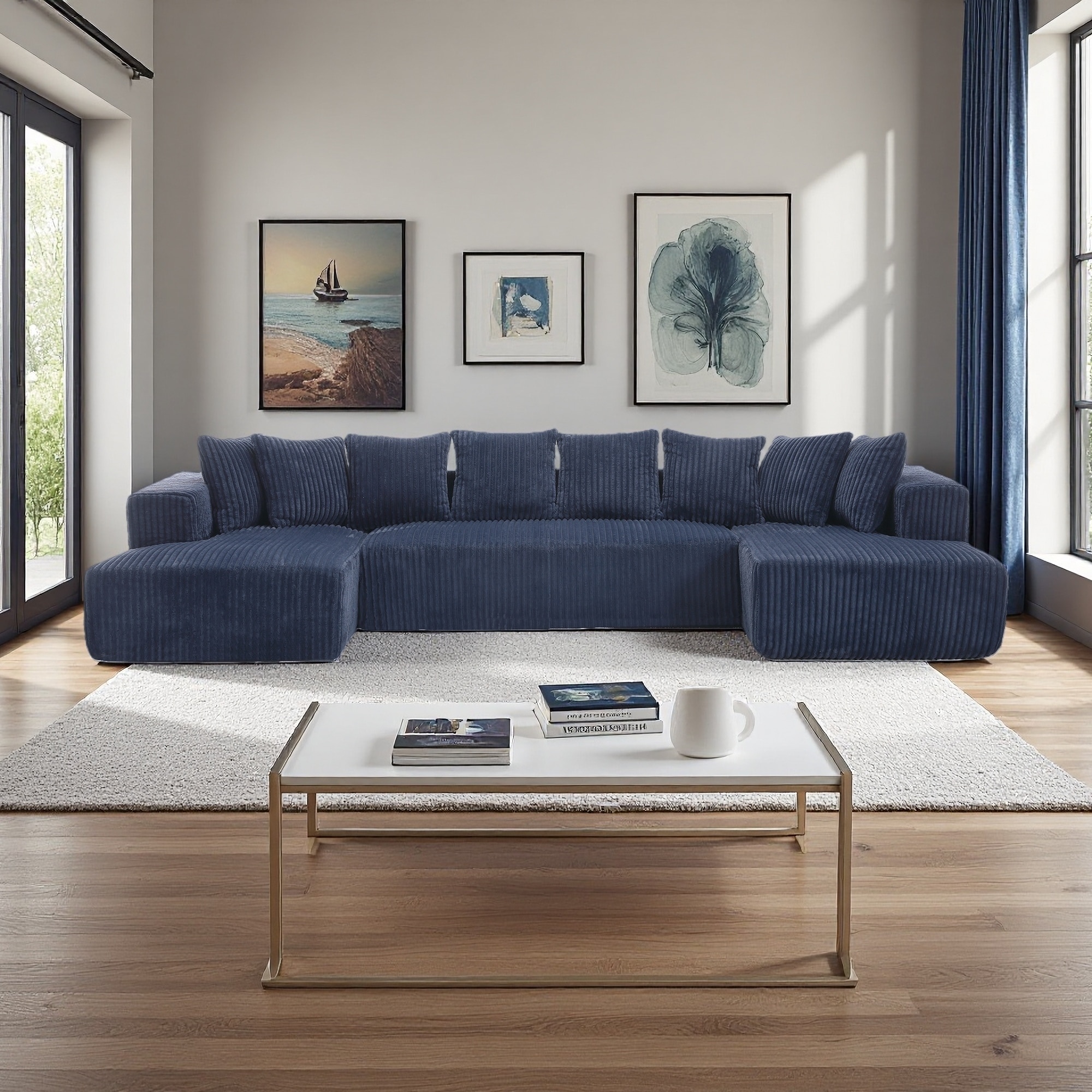 133.45'' Striped Corduroy Modular Sectional Sofa with 2 Chaise Lounges and 8 Throw Pillows (4-Seater)