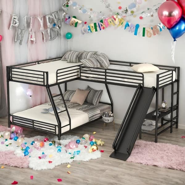slide 2 of 8, Modern Twin Over Full L-Shaped Bunk Bed With Twin Size Loft Bed,Built-in Desk And Slide for Bedroom