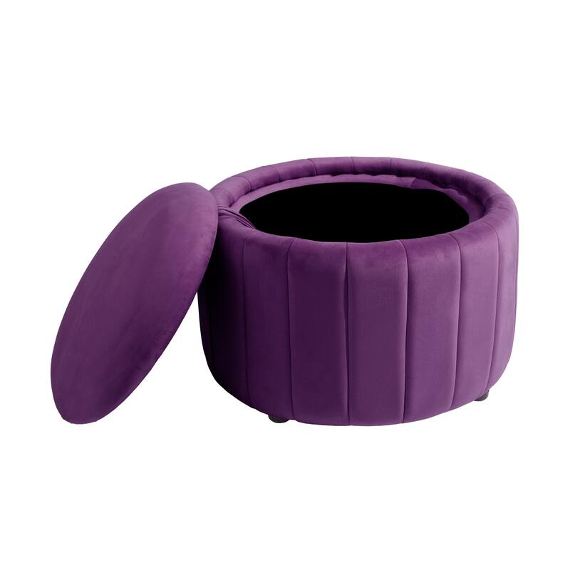 30" W Round Velvet Upholstered Storage Ottoman with Flip Top Tray