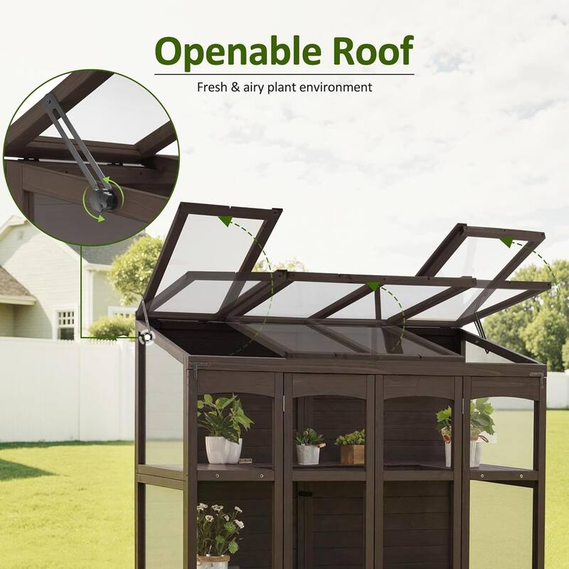 MCombo Walk-in Greenhouse with Openable Roof and Lockable Door, Solid Wood 0899