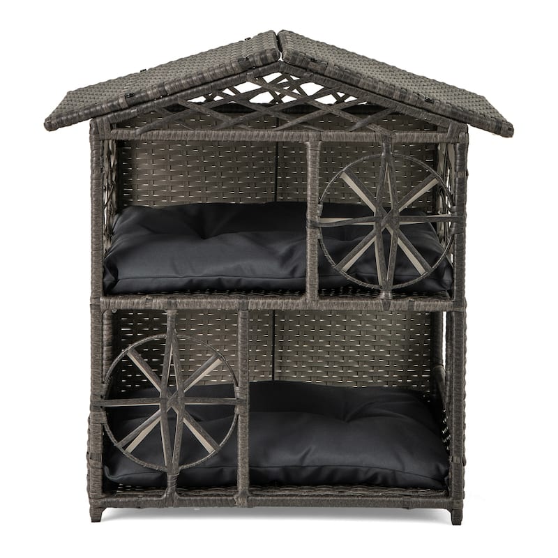 Grey 2-Tier Rattan Cat House with Cushions Outdoor Elevated Pet Shelter for Small to Large Cats - 27" x 16" x 27.5"